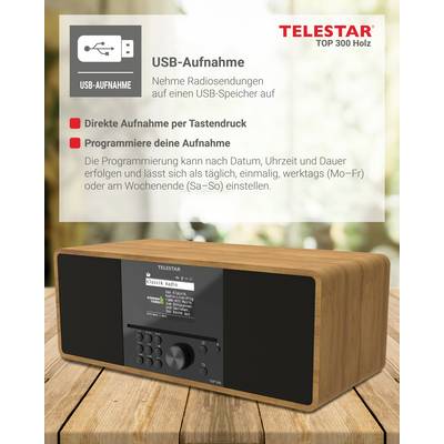 Wooden radio with USB recording function. Texts on the screen describe simple recording and programming options.