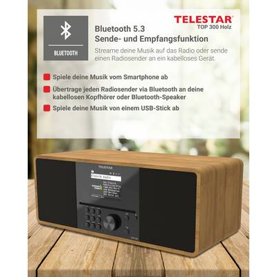 Bluetooth Radio 'TELESTAR TOP 300 Wood' with transmission and reception function, suitable for smartphone, headphones and USB stick music.