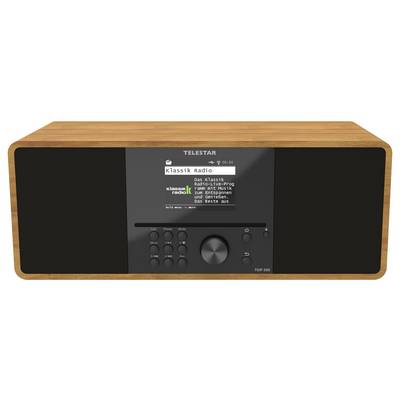 A wooden digital radio labeled 'Telestar' displays 'Klassik Radio' on its screen. Buttons and dials are visible below the screen.