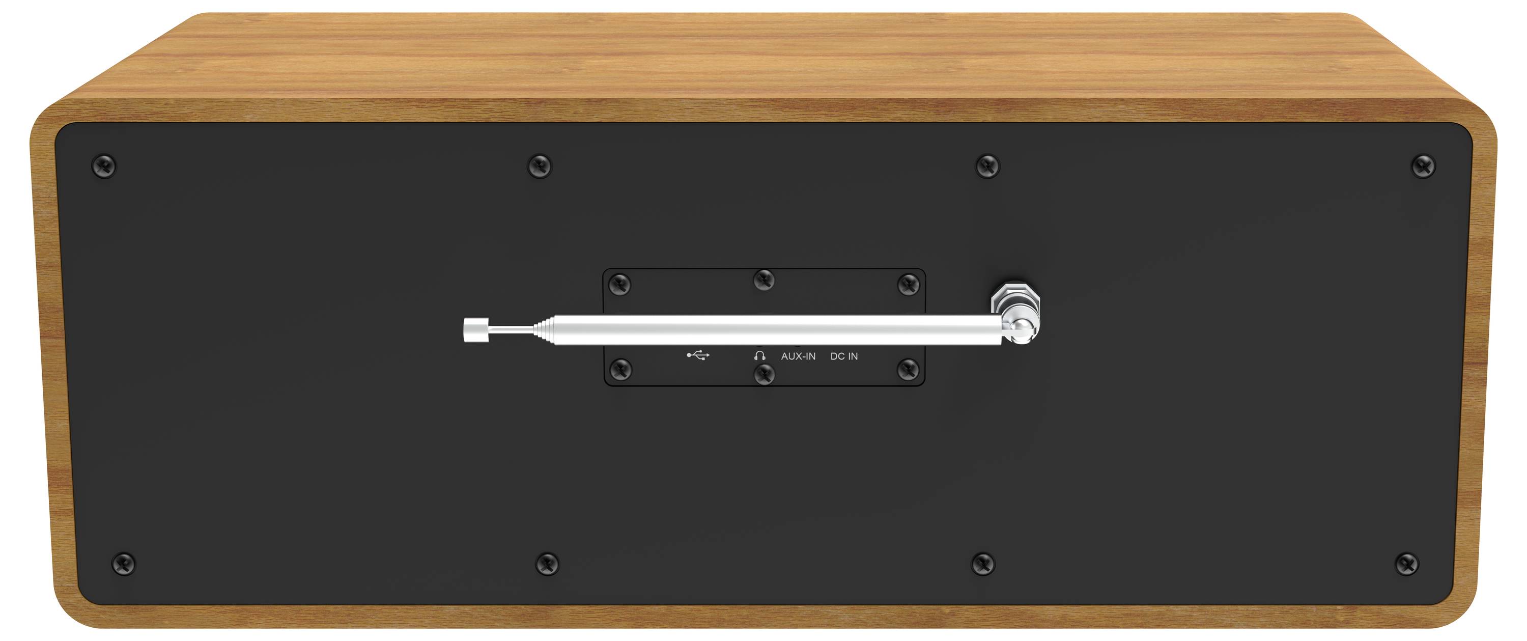 A wooden rectangular object with a black front panel and a metallic lever in the center, surrounded by screws.