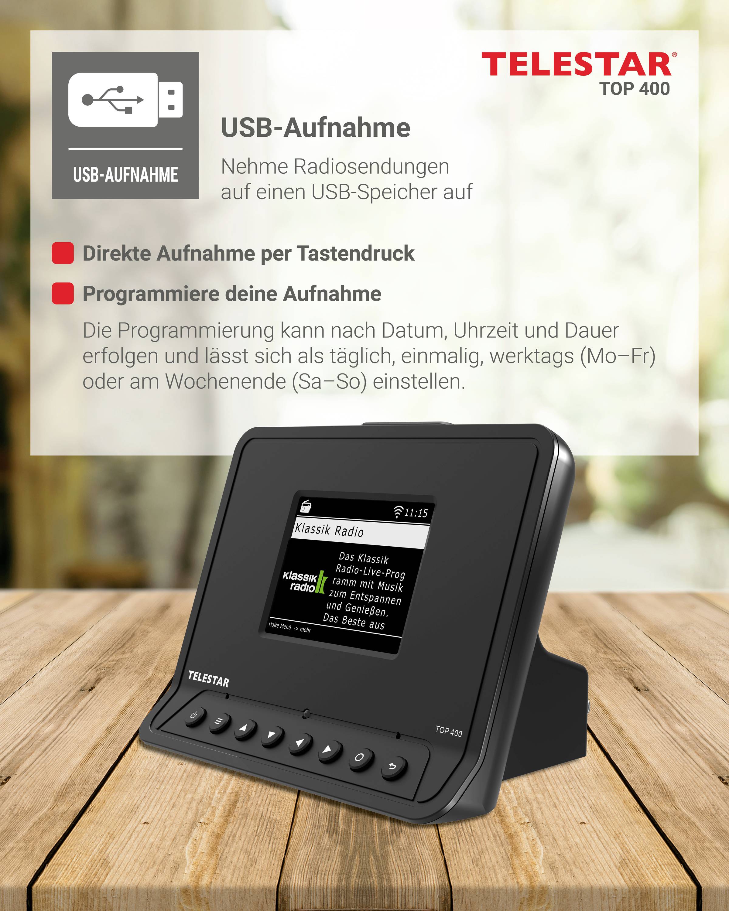 A radio recording device displays the screen with radio stations. Text provides information about USB recording and programmed recording options.