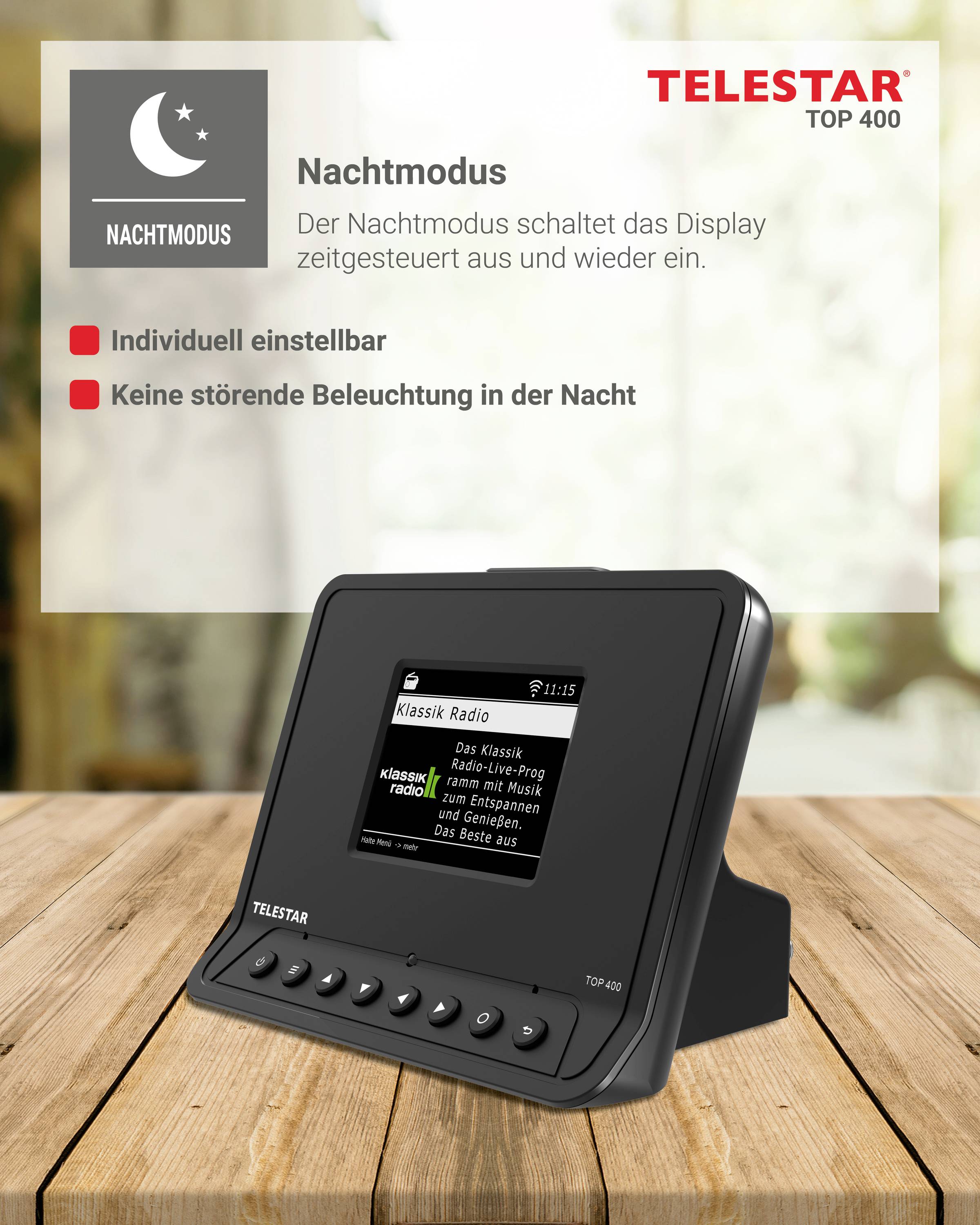 Radio alarm clock 'TELESTAR TOP 400' on a wooden table. Functions: Night mode, individually adjustable, no disturbance at night. Screen displays radio station.