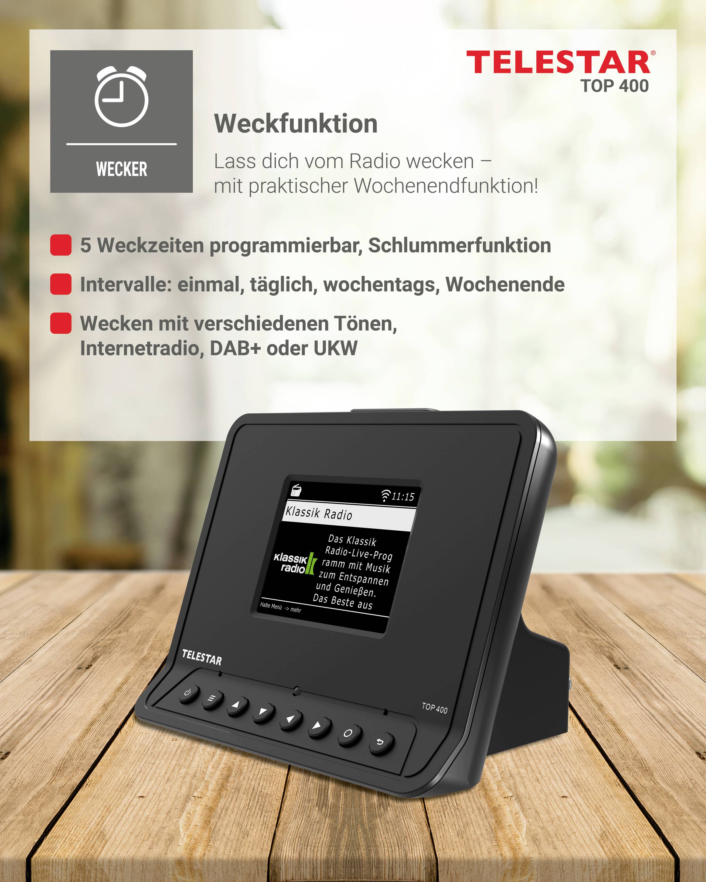 Portable radio alarm clock on a table, screen displays 'Classic Radio'. Functions: 5 programmable alarm times, snooze mode.