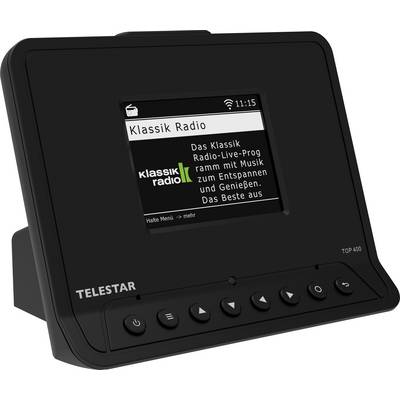 A digital radio display showing 'Klassik Radio' with navigational buttons below. It indicates the time as 11:15.