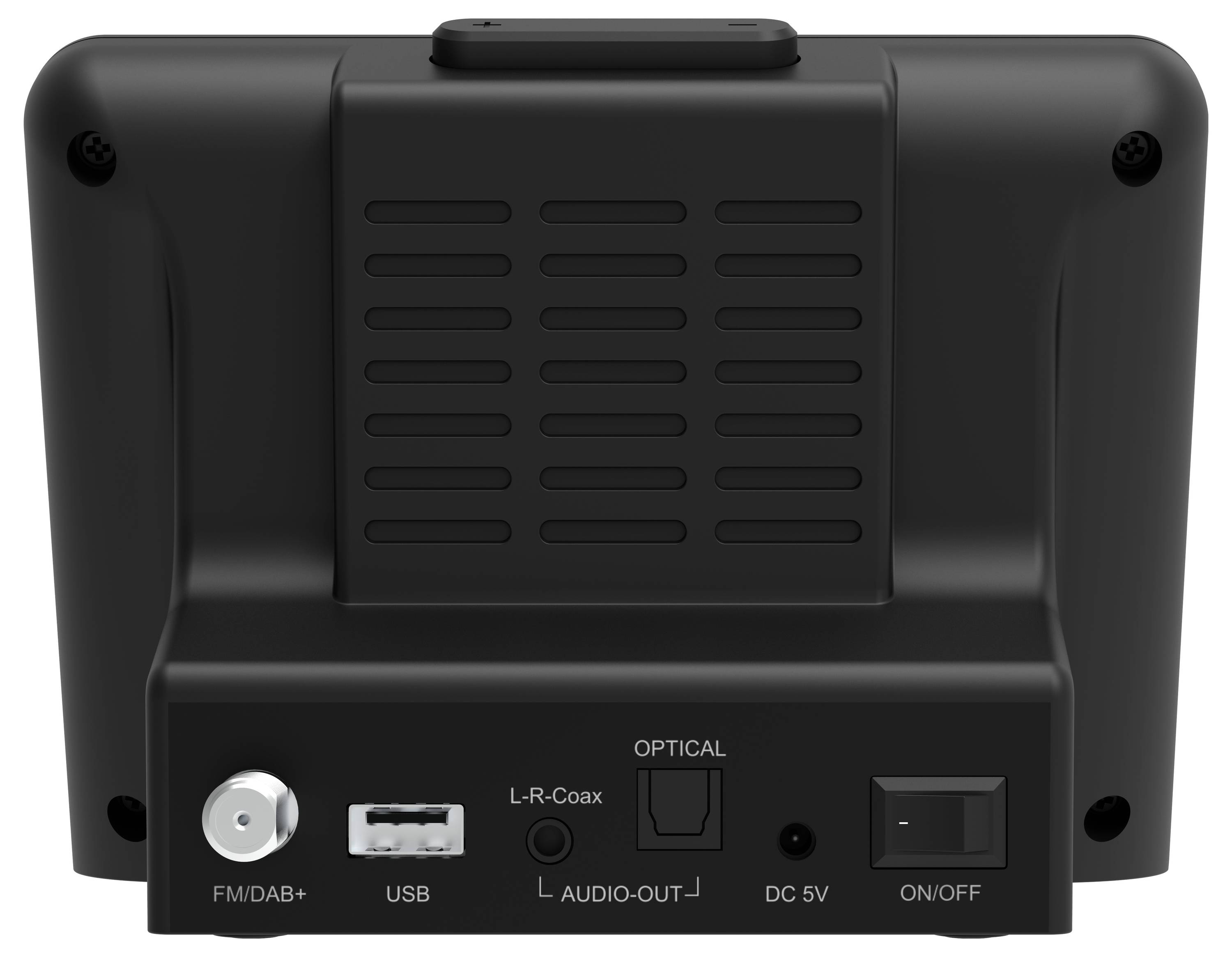 'Back view of a black digital radio showing various ports: FM/DAB+, USB, L-R Coax, Optical, Audio-Out, DC 5V, On/Off switch.'