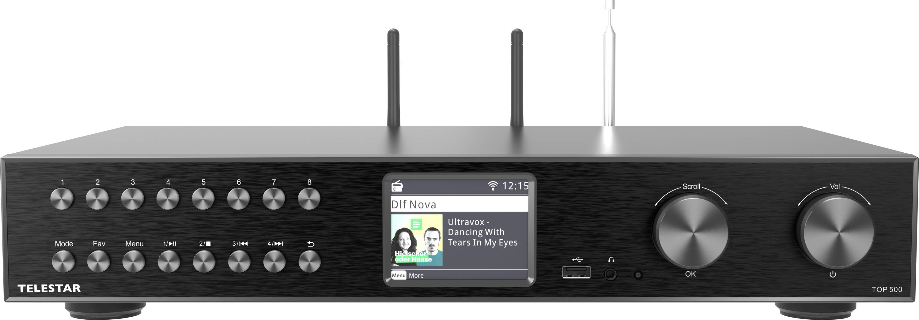 A black audio receiver with two antennas, control knobs, and a digital display showing 'Dlf Nova', 'Dancing With Tears In My Eyes', and album art.