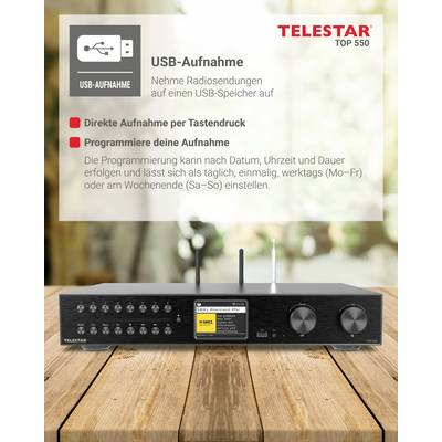 A black Telestar radio recorder on a wooden table. Text provides information about USB recording functions and programming.