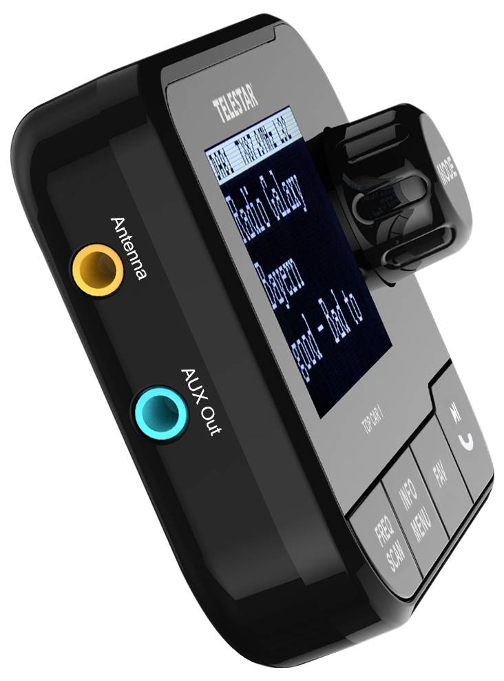 A black digital radio device with a screen displaying radio station information and buttons for control. Ports for antenna and AUX Out are visible.