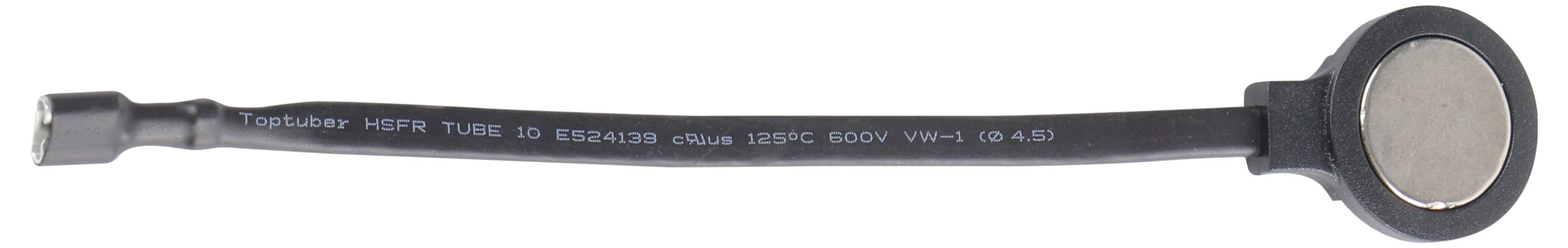 'A proximity sensor with black cable and metal circular head, labeled with specifications like voltage and model number, on a white background.'