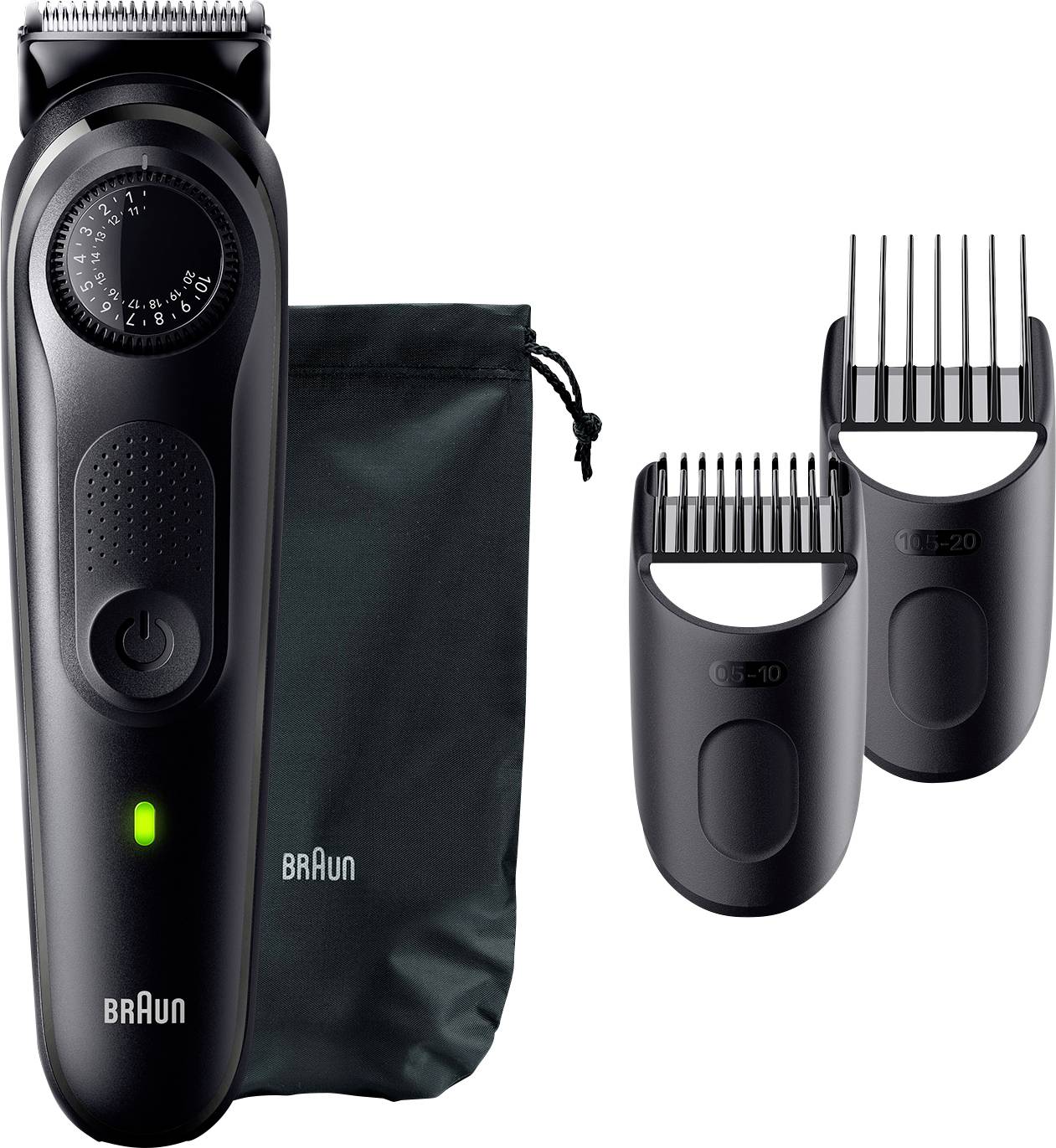 Electric beard trimmer set includes trimmer with dial, two clipper attachments, and storage pouch. Suitable for precision grooming.