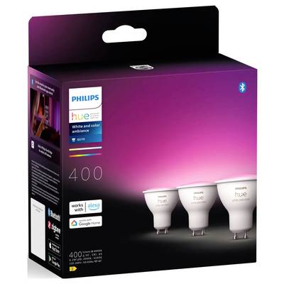 Philips Hue white and color ambiance smart bulbs packaging showing compatibility with Alexa, Google Home, Zigbee, and Bluetooth.