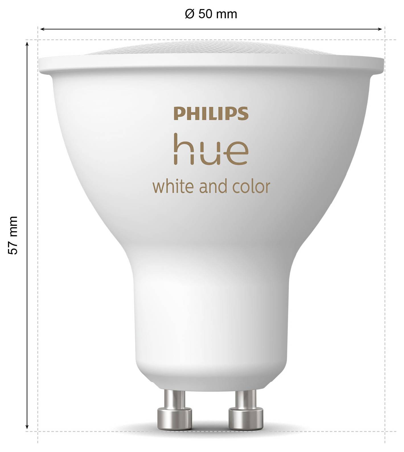 Philips Hue white and color smart LED bulb, measures Ø 50 mm and 57 mm in height, shown with GU10 base.