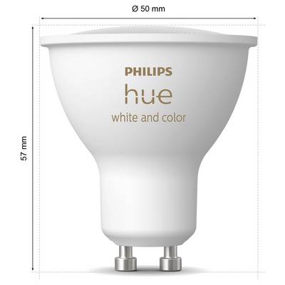 Philips Hue white and color smart LED bulb, measures Ø 50 mm and 57 mm in height, shown with GU10 base.