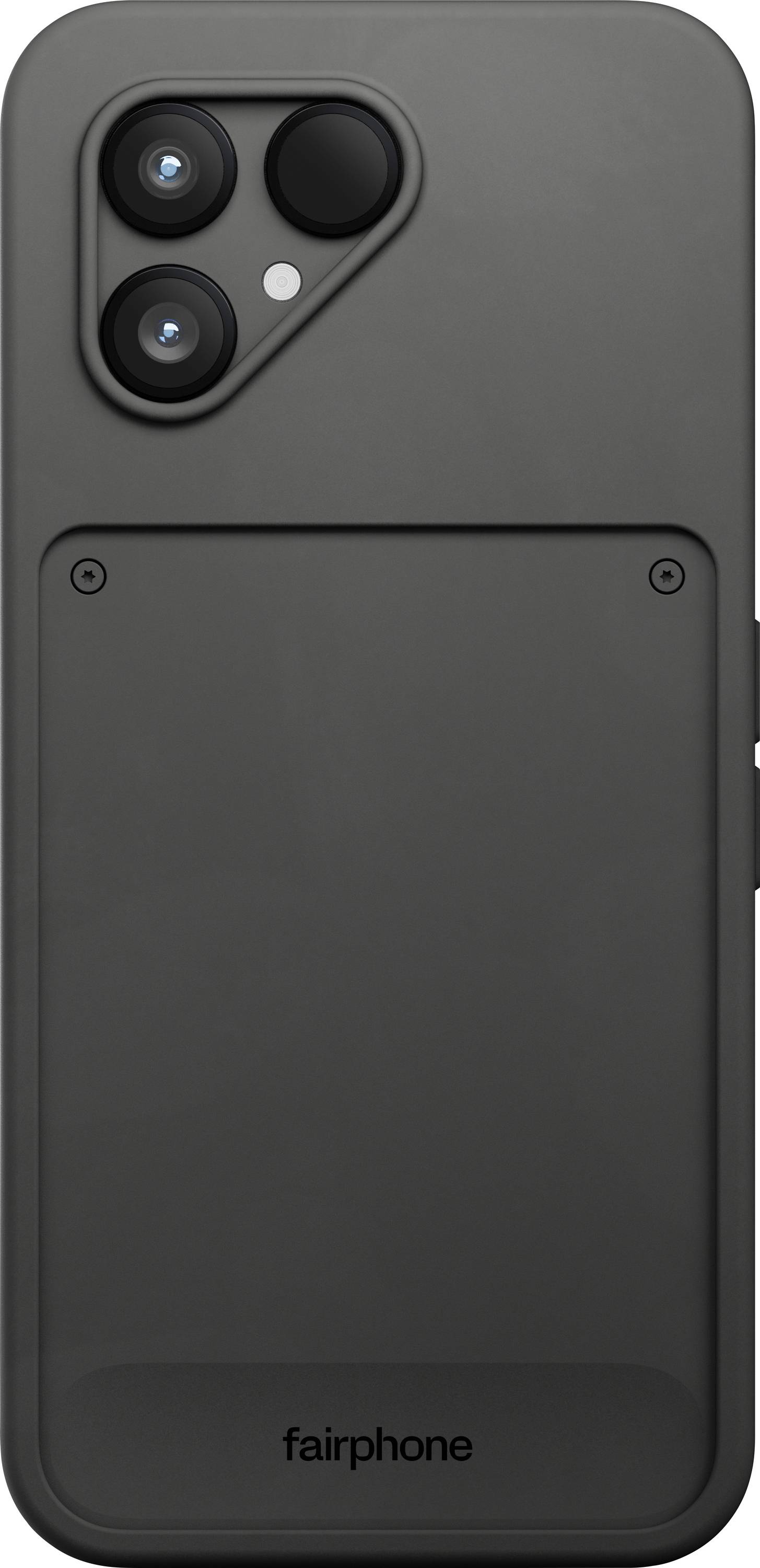 A smartphone with a focus on sustainability, showing the back design with dual rear cameras and a modular component.