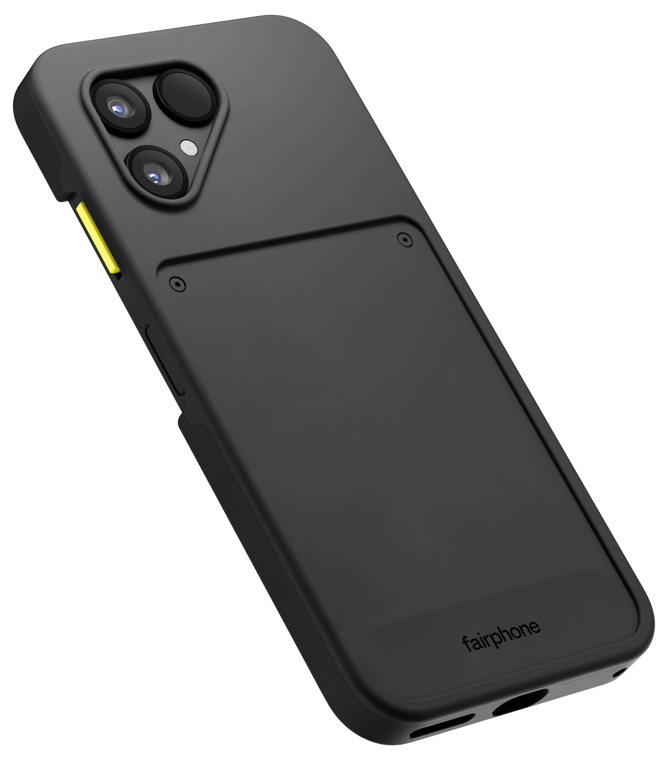 A black smartphone with a modular design, featuring dual rear cameras and a detachable back panel, promoting repairability and sustainability.