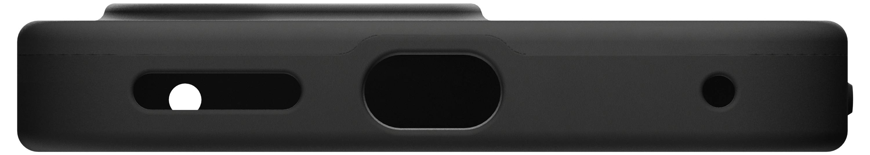 The image shows the top view of a black smartphone with a camera bump, a central charging port, and side button cutouts.