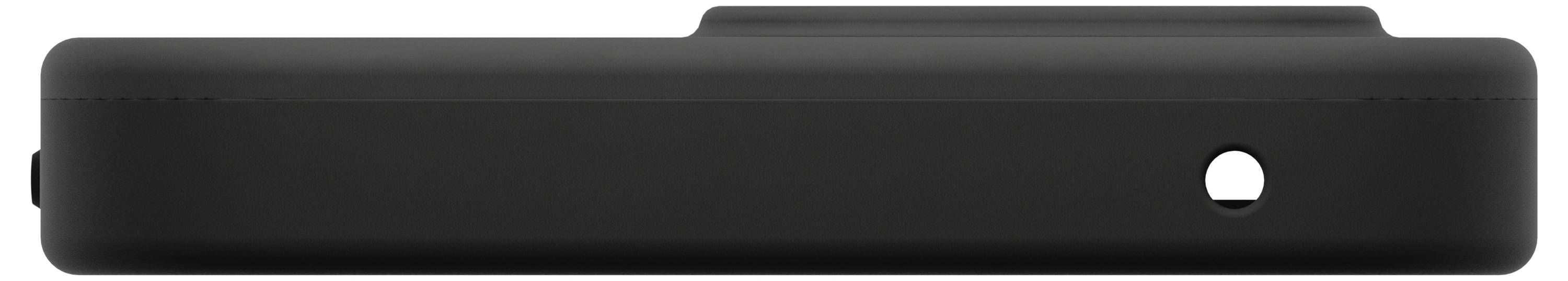 A black rectangular device viewed from the side, showing a smooth surface with a small round hole on the right side.