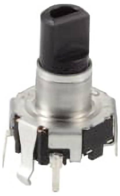 A metal and black rotary encoder switch with three pins, used for electronic applications.