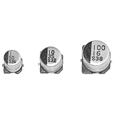 'Three electrolytic capacitors in a row, each with different specifications: 150uF, 10uF, and 100uF. Used in electronic circuits.'