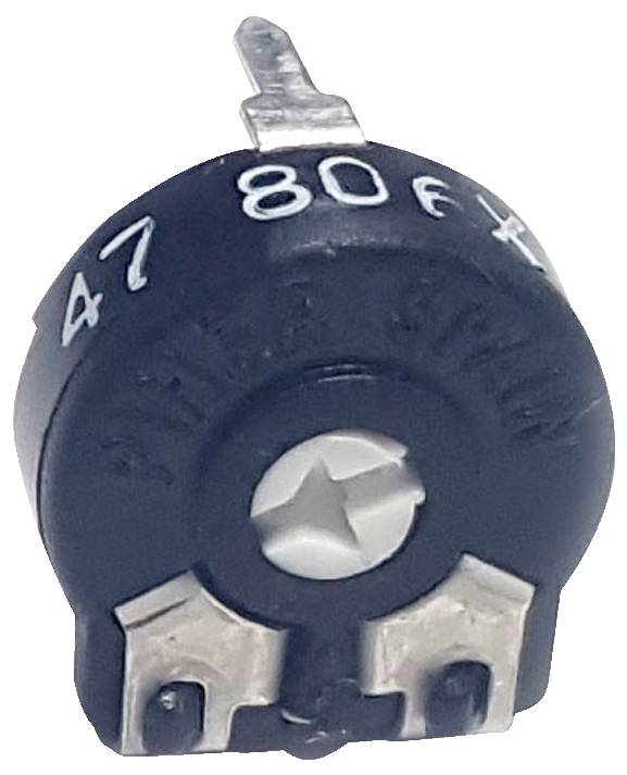 A small round electronic component marked with '47', a central screw adjustment, and two metal connectors protruding from the bottom.