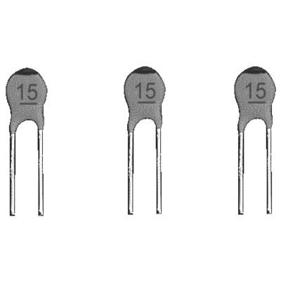 Three identical electronic components with the number '15' on each. They appear to be resistors or capacitors with two leads.