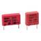 'Two red WIMA MKP-Y2 capacitors, labeled for 300 volts and 250 volts, with four metal leads. Used in electronic circuits for filtering.'