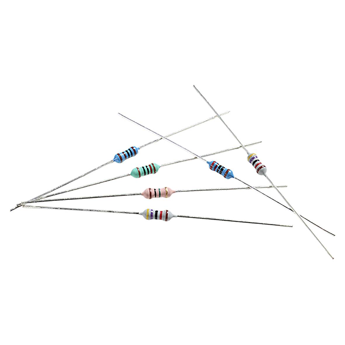 A collection of variously colored, striped electronic resistors with long leads are scattered, showcasing different resistance values.