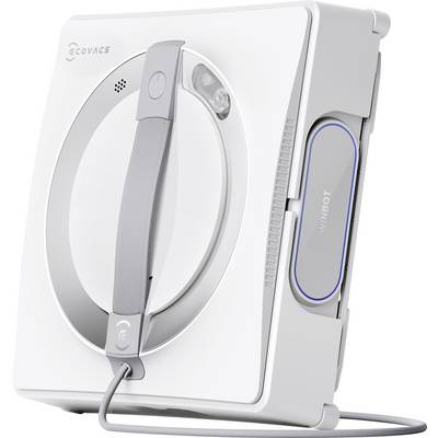 A white robotic window cleaner with a handle and cord, featuring the brand 'Ecovacs' and 'Winbot' logo on its side.