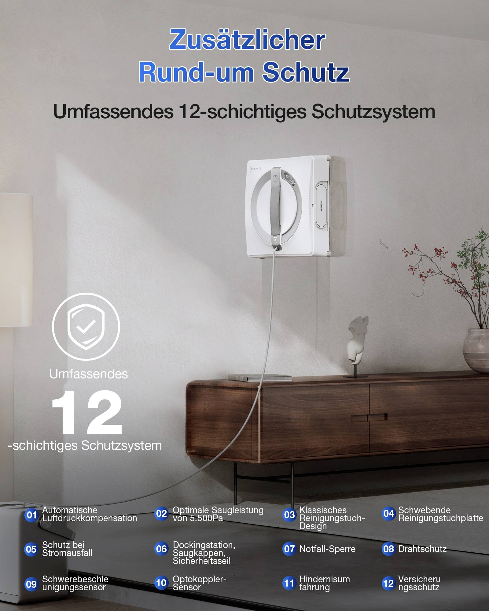 Wall-mounted air purifier with 12-layer protection system. Features listed: dust, odor removal, optimal suction, noise reduction, and more.