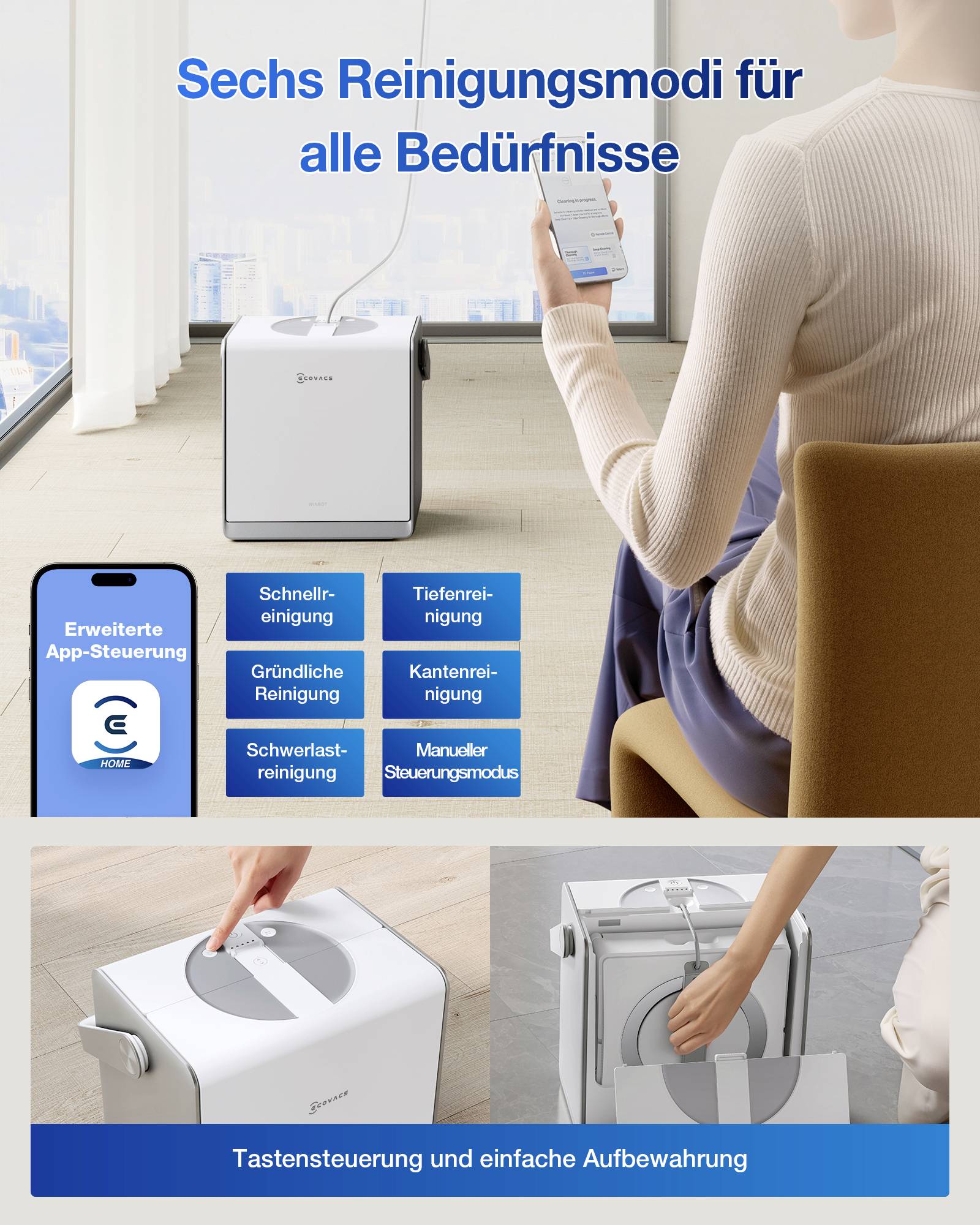 A person sitting in a modern room uses an air purifier with six modes, displayed on a phone app. German text promotes ease of use and storage.