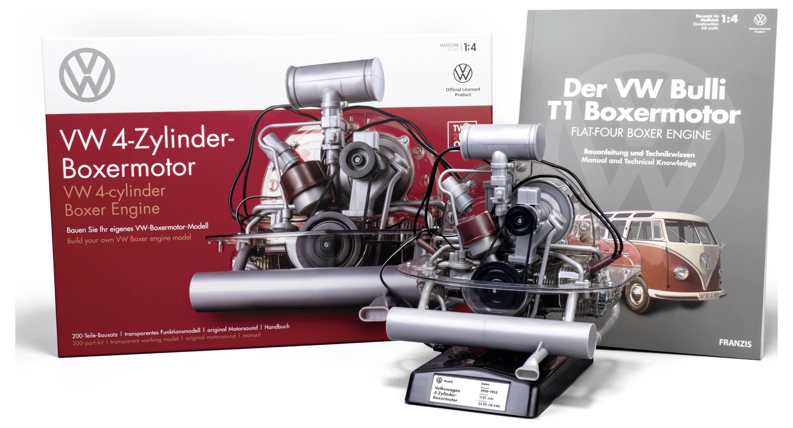 Two model boxes are shown. One displays a VW 4-cylinder Boxer engine model, and the other a flat-four boxer engine manual, next to a model engine.