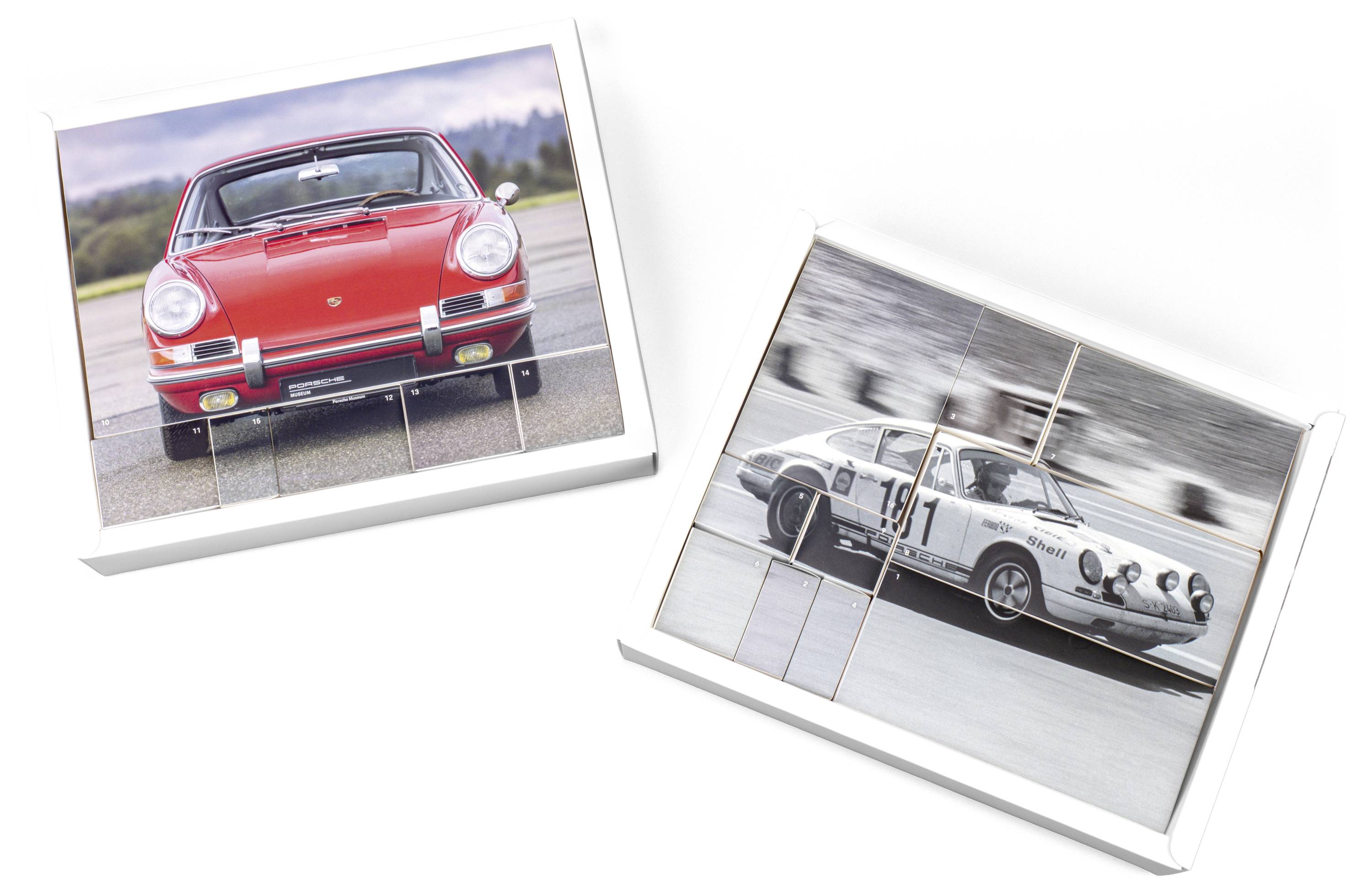 Two images of classic race cars on flat surfaces. The left shows a red car from the front, and the right shows a white car from the side with '131' on the door.