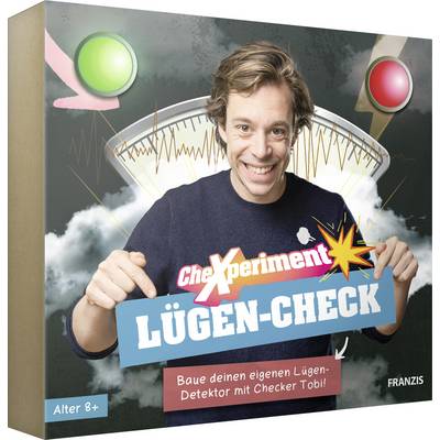 A person smiles and points at a box promoting a DIY lie detector kit for ages 8+. A green check and red cross are at the top corners.