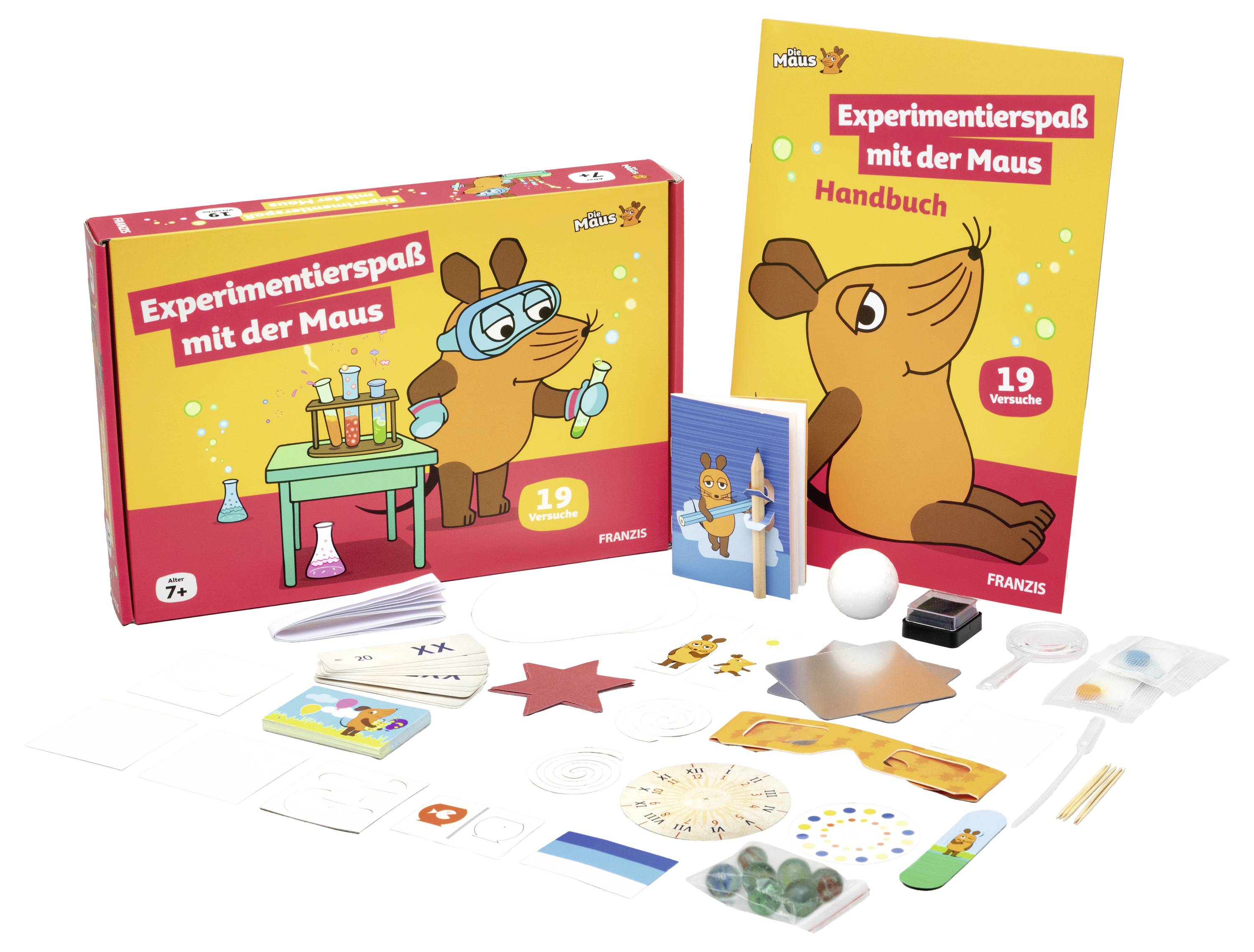 Science experiment kit featuring a cartoon mouse theme. Includes 19 experiments, handbook, and various scientific tools for children 7+.