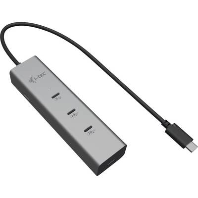 A silver USB-C hub with three USB ports and a long cable.