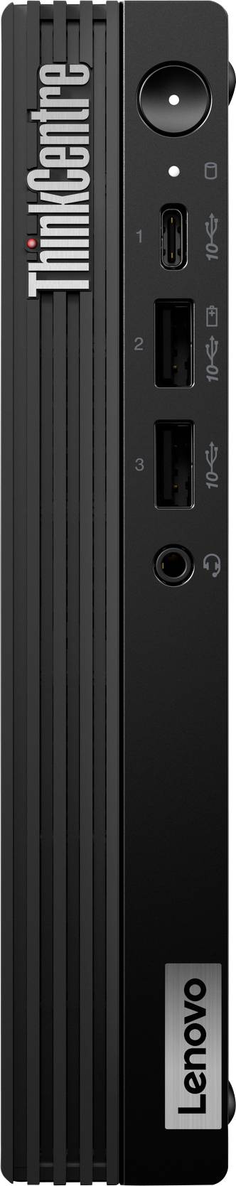 A vertical image of a compact Lenovo ThinkCentre mini-PC front, showing power button, USB ports, headphone jack, and 'ThinkCentre' branding.