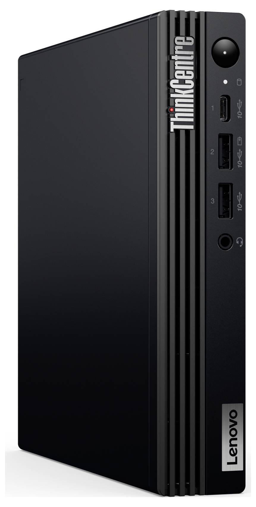 A black Lenovo ThinkCentre desktop computer with multiple USB ports, power button, and the brand logo visible on the front panel.