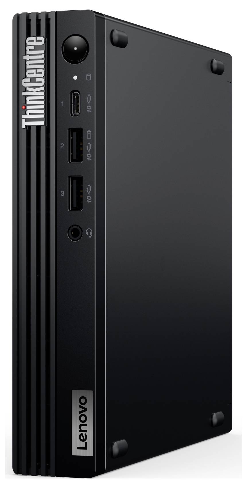 A vertical Lenovo ThinkCentre desktop computer with multiple ports and branding visible on the front, designed for compact spaces.
