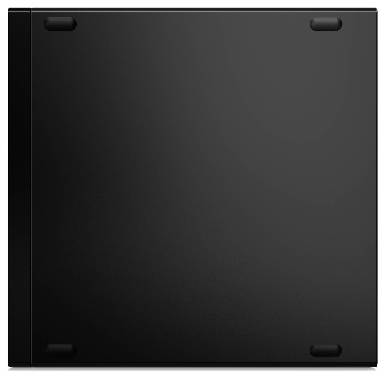 A black square-shaped device with rounded corners viewed from above, featuring four rubber pads at each corner on a smooth surface.