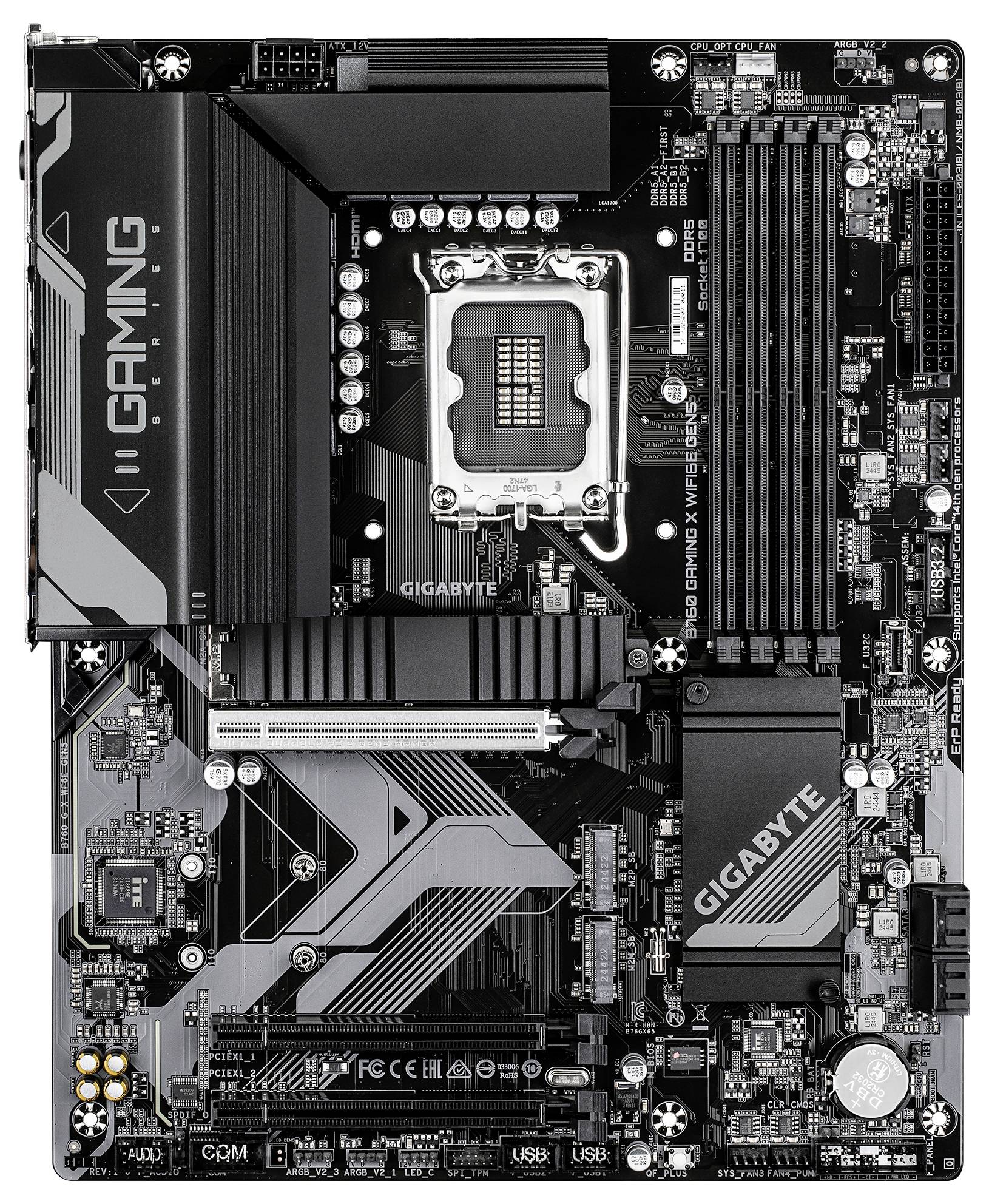 'GIGABYTE motherboard with multiple PCIe slots, RAM slots, CPU socket, and connectors, designed for gaming and high performance computing.'