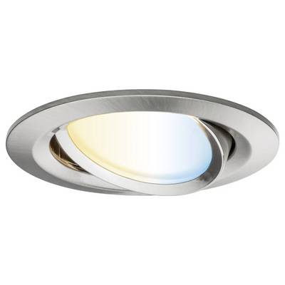 A round recessed ceiling light fixture with adjustable LED bulbs, emitting a gradient of warm to cool light. Sleek silver finish.