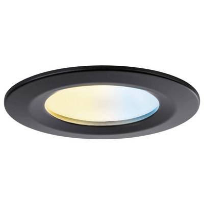 A recessed LED ceiling light with a black trim emits a gradient from warm yellow to cool blue, illustrating adjustable color temperature.