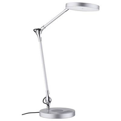A silver, adjustable desk lamp with a round base and lamp head, designed for task lighting with a modern, minimalist style.