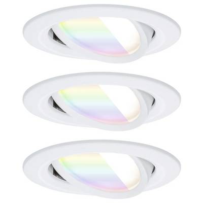 Three white recessed ceiling lights showing a range of colors from a rainbow hue effect, appearing to gradually shift within each light.