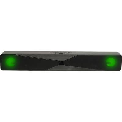 A sleek black soundbar with two visible green lights on each end, indicating power or connectivity status.
