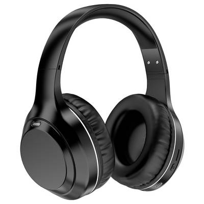 Black wireless over-ear headphones with padded ear cups and adjustable headband, designed for comfortable listening.