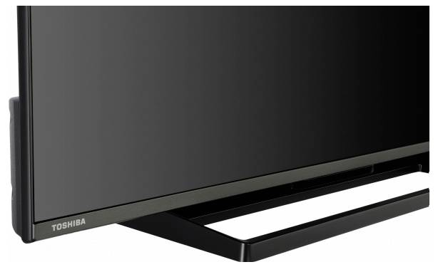 A flat-screen Toshiba television with a sleek black design and a modern stand, displayed in a well-lit environment.