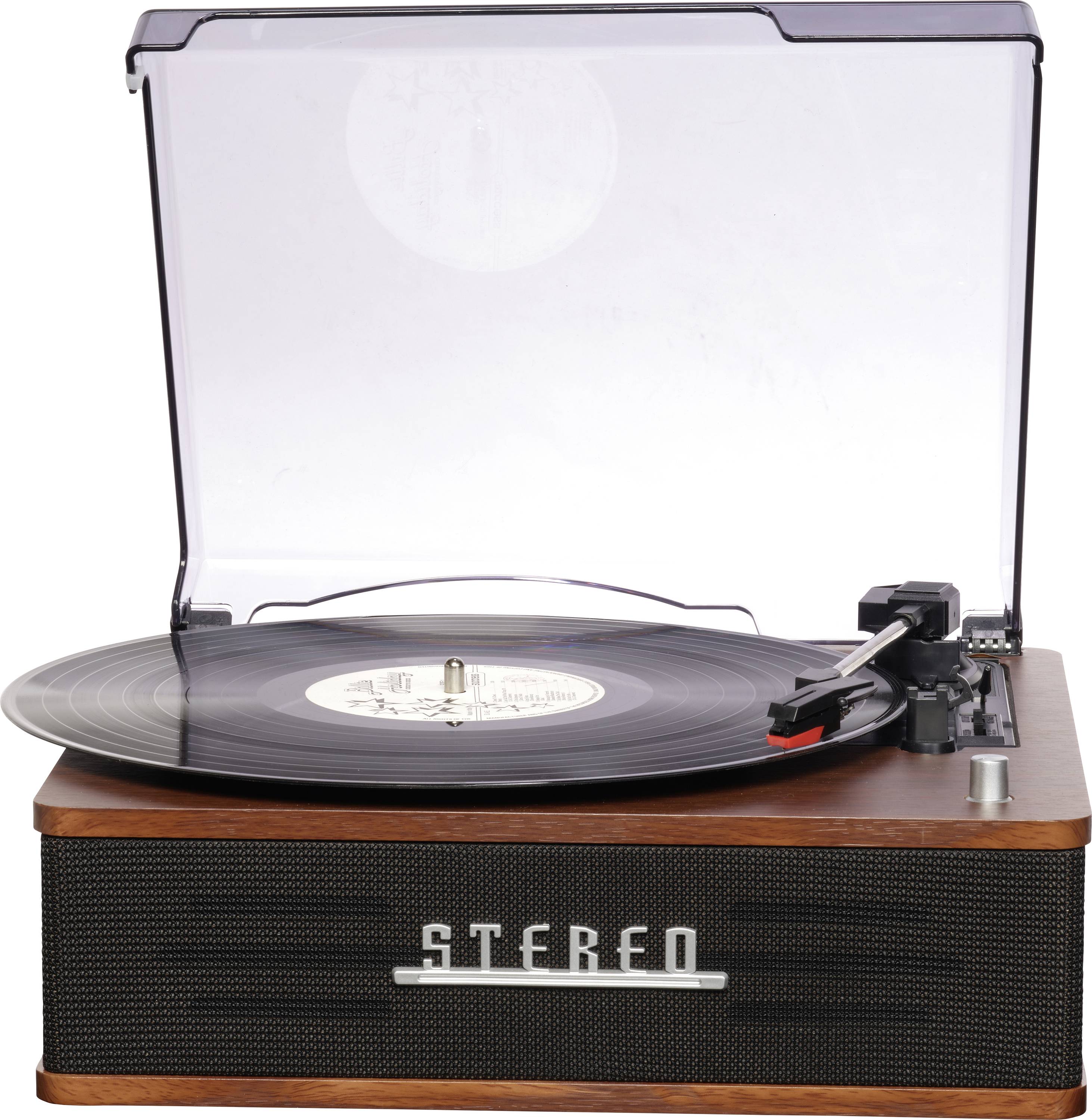 A vintage-style record player with a vinyl record spinning under a transparent dust cover. The front panel reads 'Stereo.'