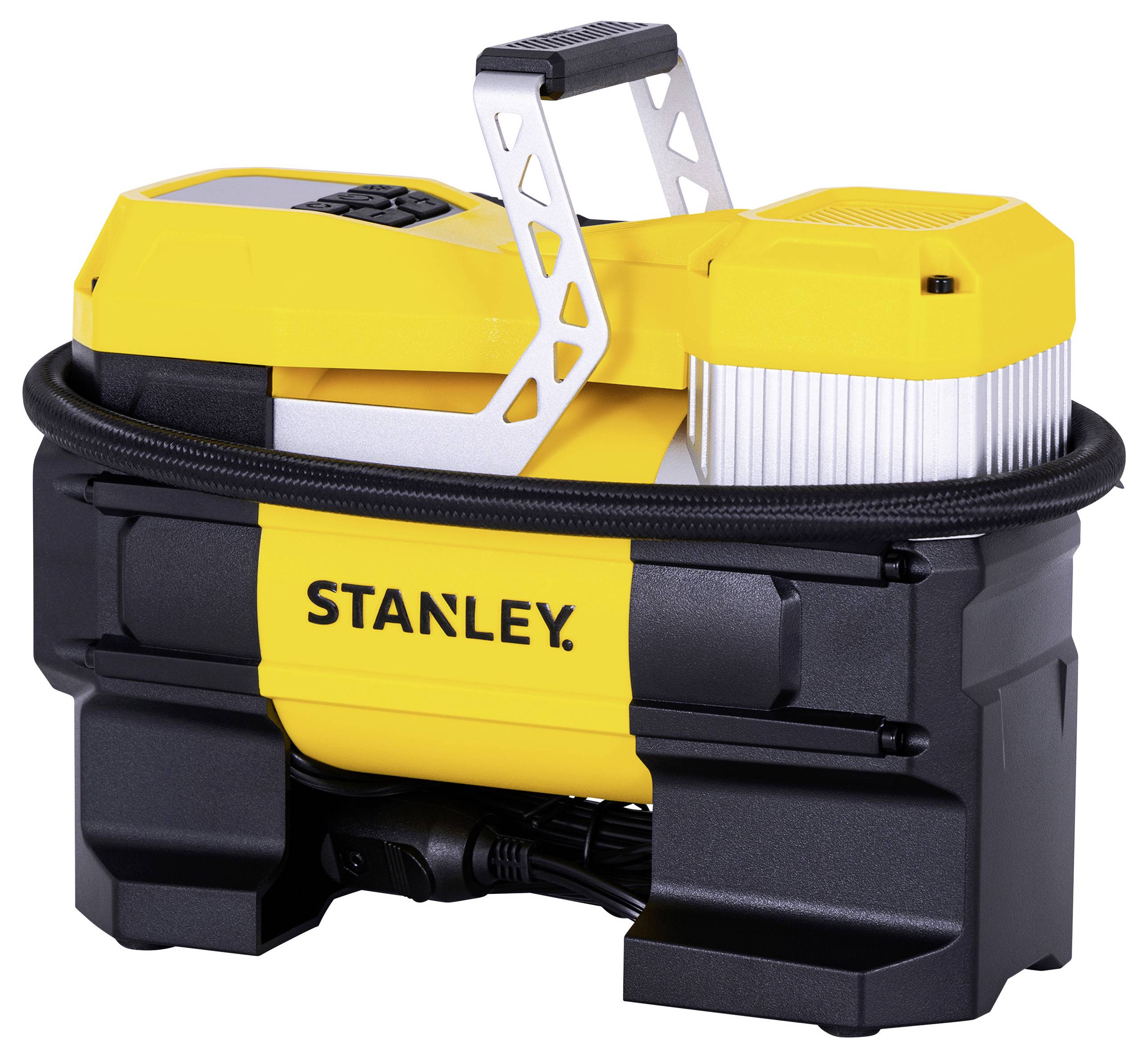 'Stanley portable air compressor, yellow and black, with cord wrapped around the unit.'