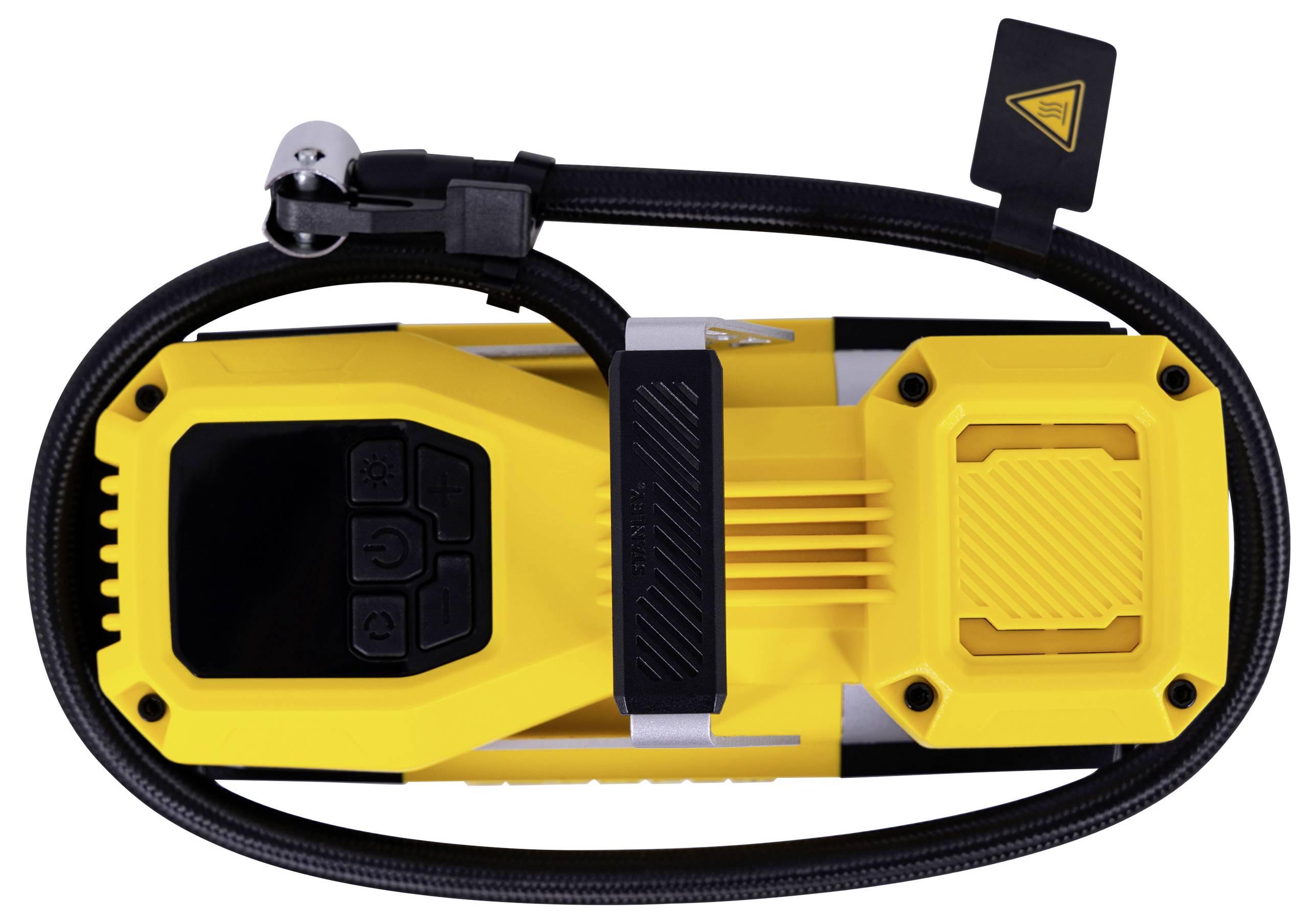 A yellow and black portable air compressor with control buttons and an attached coiled hose, designed for inflating tires.